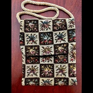 Vintage cross- stitch bag w/black velvet lining 8x11.5 w/cable twist yarn strap